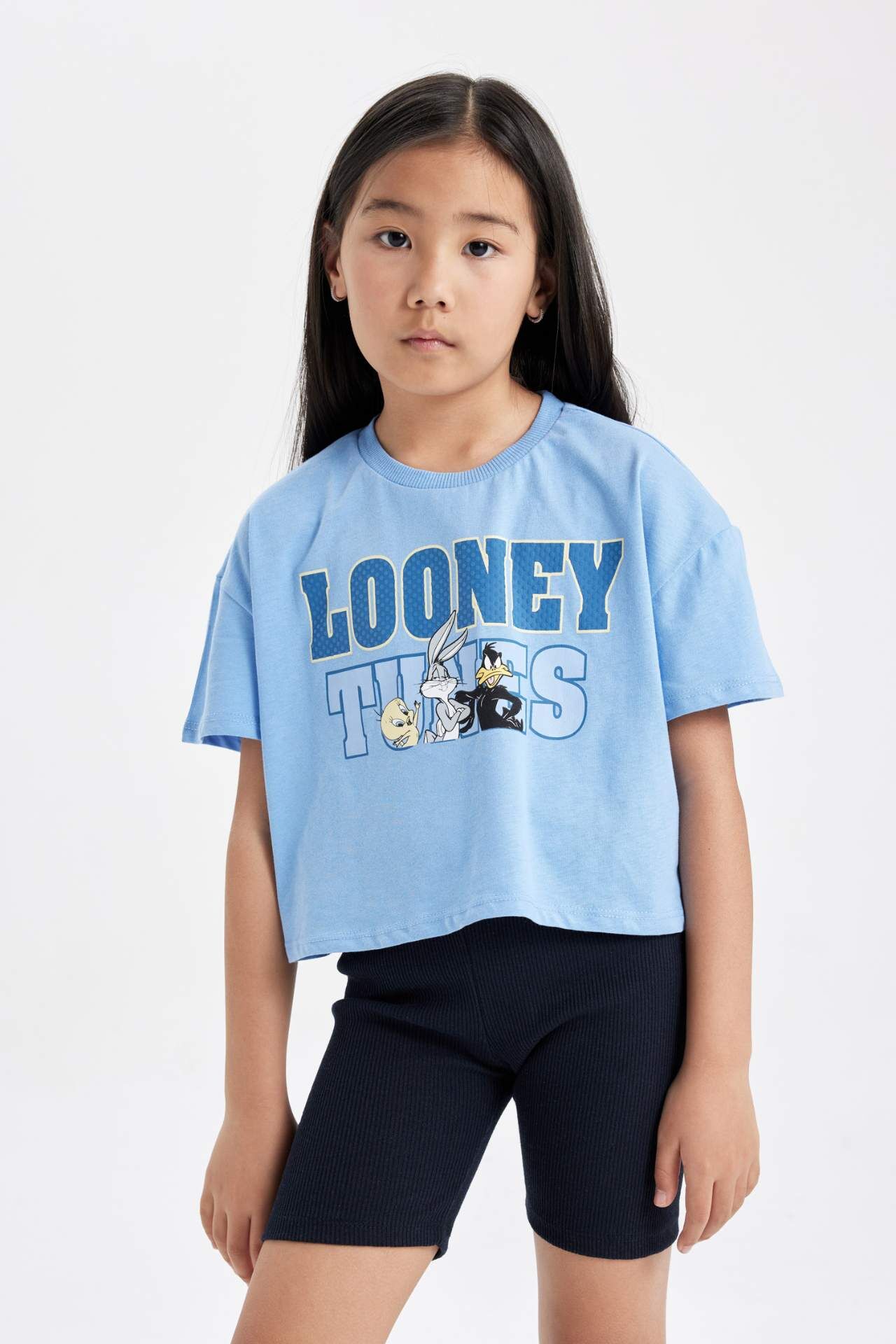 Kız Çocuk Looney Tunes Bisiklet Yaka Kısa Kollu Crop Tişört