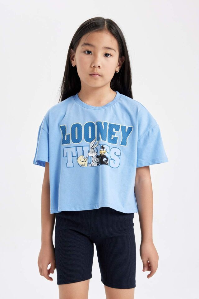Kız Çocuk Looney Tunes Bisiklet Yaka Kısa Kollu Crop Tişört