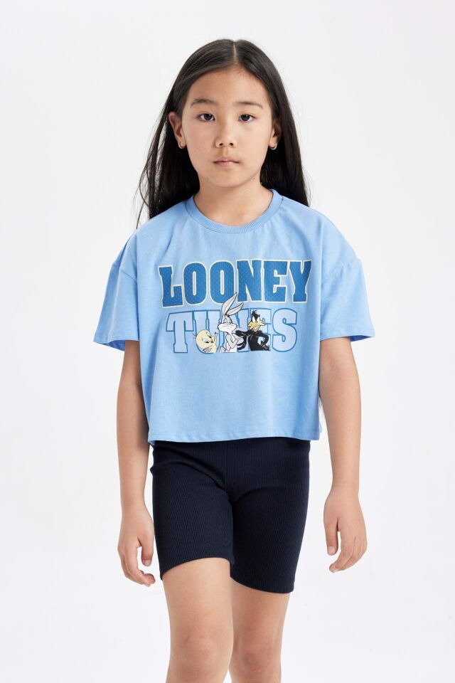 Kız Çocuk Looney Tunes Bisiklet Yaka Kısa Kollu Crop Tişört