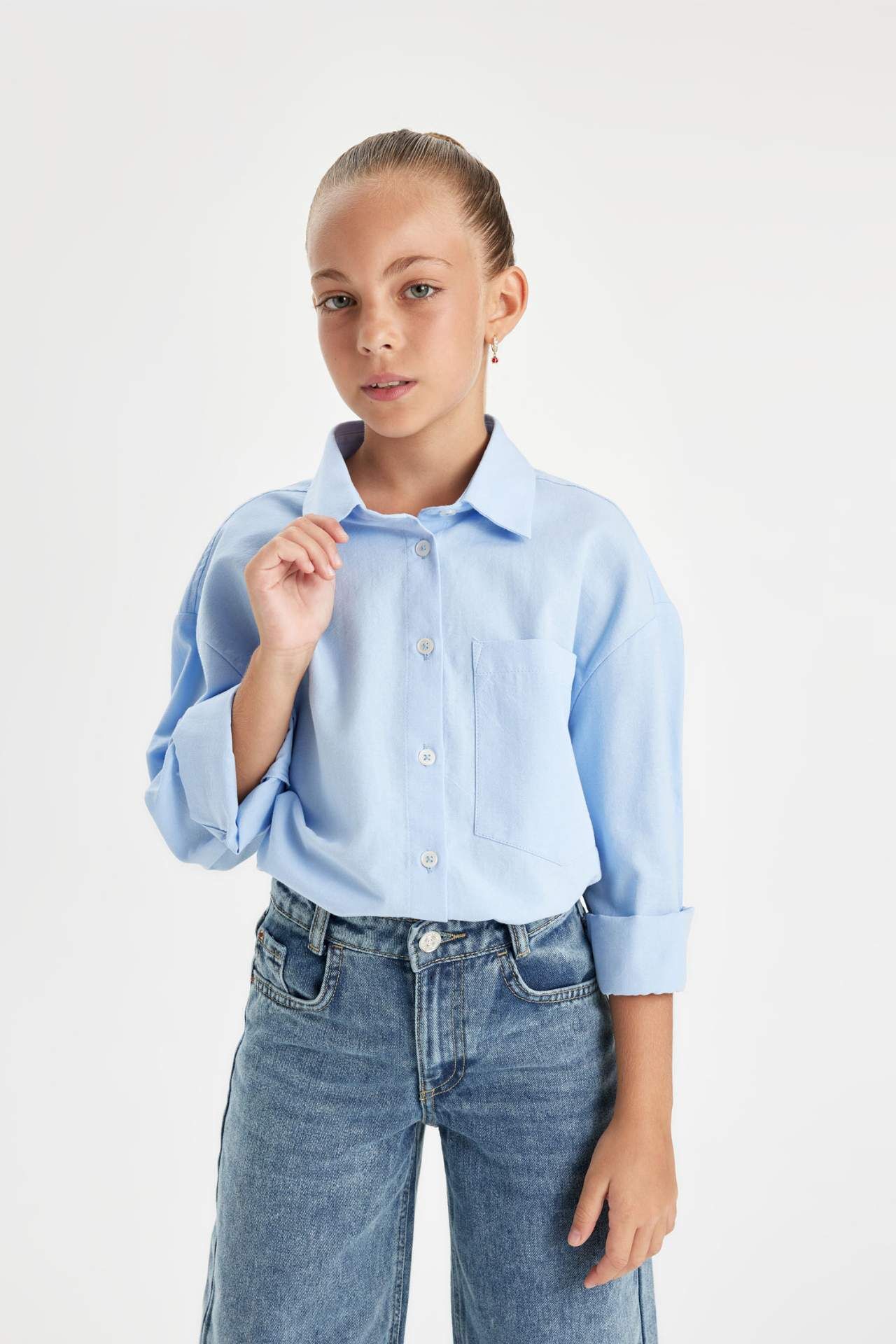 Kız Çocuk Oversize Geniş Kalıp Poplin Uzun Kollu Basic Düz Okul Gömleği