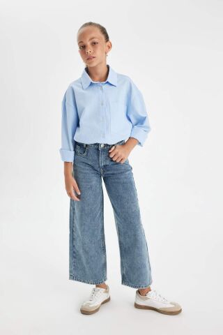 Kız Çocuk Oversize Geniş Kalıp Poplin Uzun Kollu Basic Düz Okul Gömleği