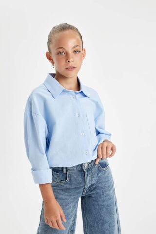 Kız Çocuk Oversize Geniş Kalıp Poplin Uzun Kollu Basic Düz Okul Gömleği