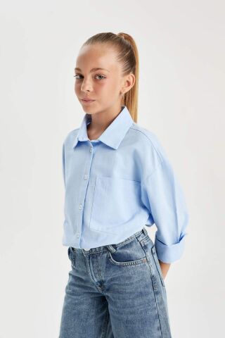 Kız Çocuk Oversize Geniş Kalıp Poplin Uzun Kollu Basic Düz Okul Gömleği