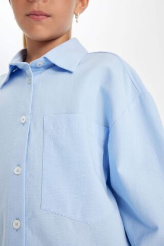 Kız Çocuk Oversize Geniş Kalıp Poplin Uzun Kollu Basic Düz Okul Gömleği