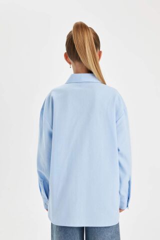 Kız Çocuk Oversize Geniş Kalıp Poplin Uzun Kollu Basic Düz Okul Gömleği