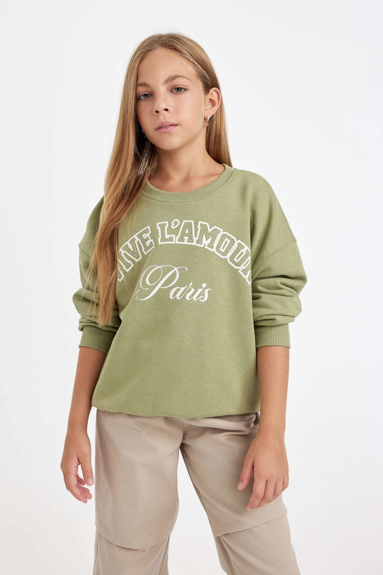 Kız Çocuk Yeşil Relax Fit Bisiklet Yaka Baskılı Sweatshirt