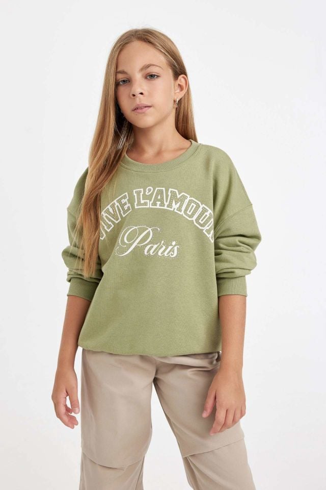 Kız Çocuk Yeşil Relax Fit Bisiklet Yaka Baskılı Sweatshirt