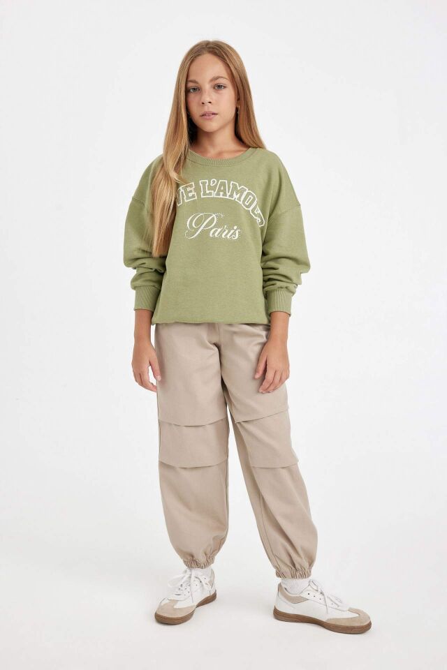 Kız Çocuk Yeşil Relax Fit Bisiklet Yaka Baskılı Sweatshirt