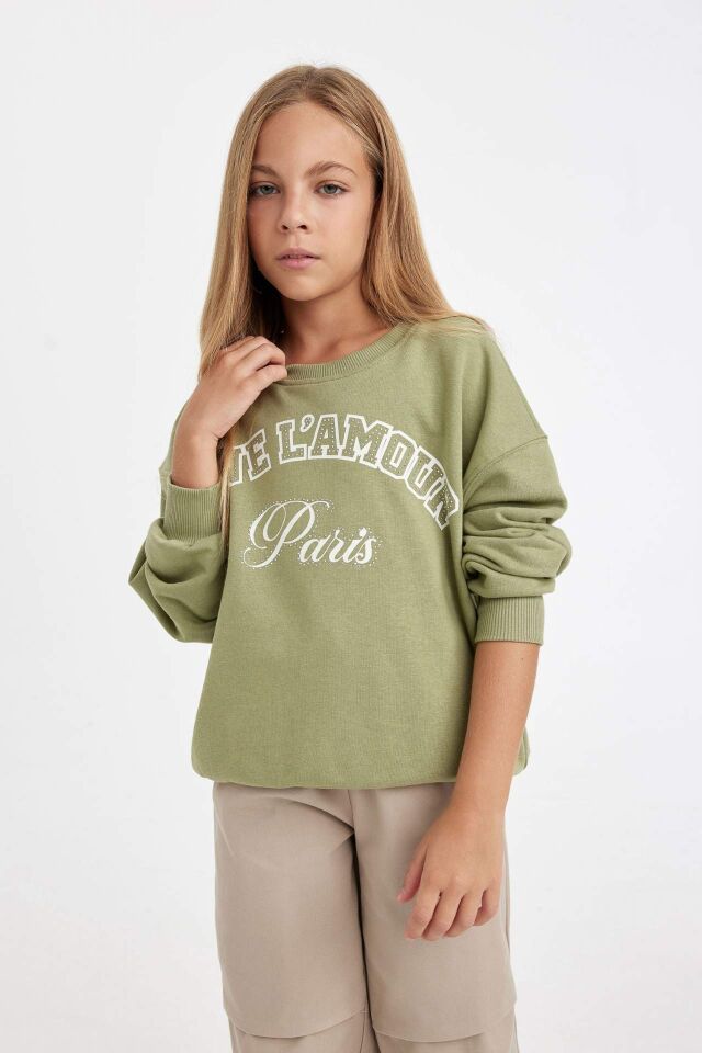 Kız Çocuk Yeşil Relax Fit Bisiklet Yaka Baskılı Sweatshirt