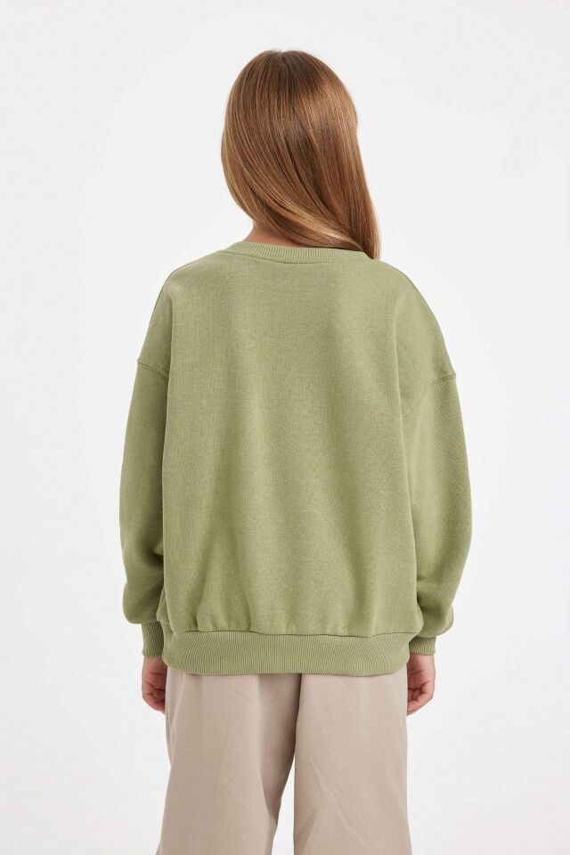 Kız Çocuk Yeşil Relax Fit Bisiklet Yaka Baskılı Sweatshirt