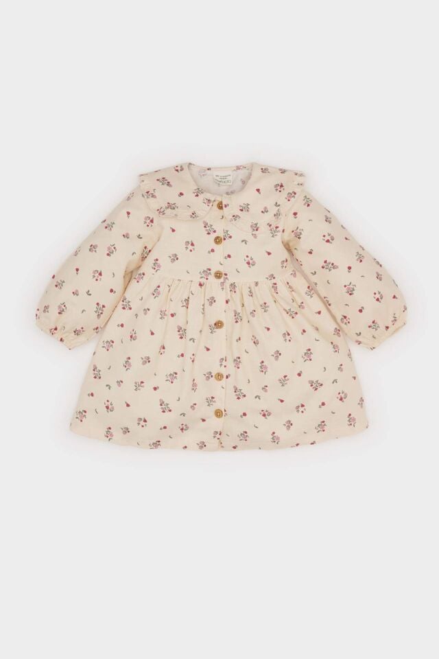 Kız Bebek Çiçekli Uzun Kollu Twill Elbise