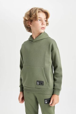 Erkek Çocuk Oversize Geniş Kalıp Kapüşonlu Cepli Kalın Okul Sweatshirt