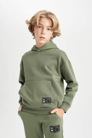 Erkek Çocuk Oversize Geniş Kalıp Kapüşonlu Cepli Kalın Okul Sweatshirt
