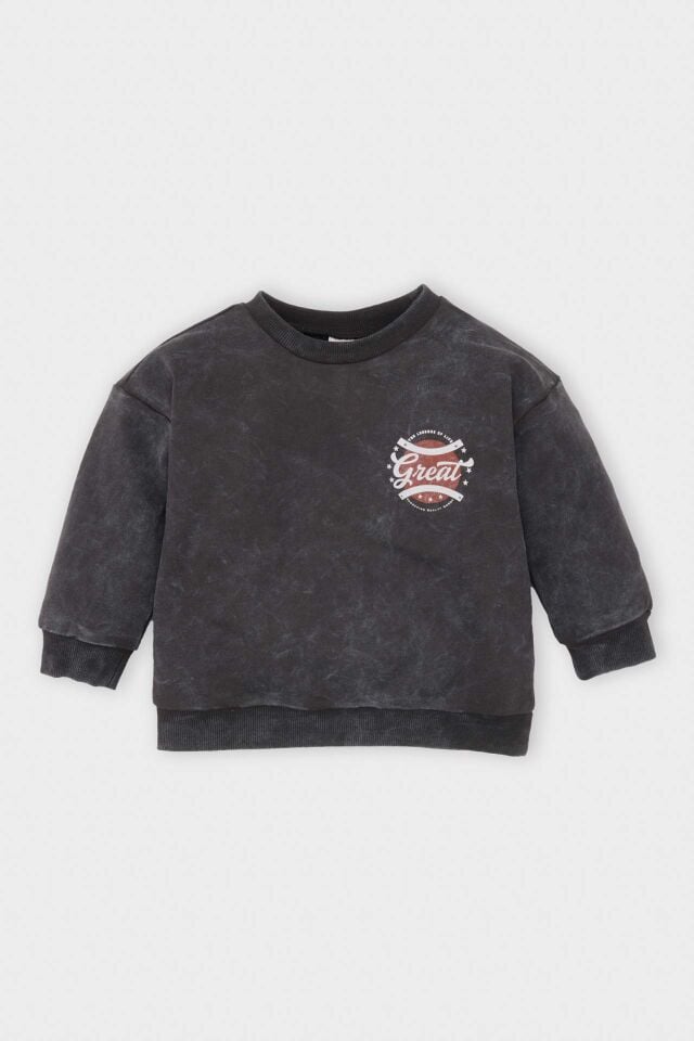Erkek Bebek Bisiklet Yaka Baskılı Yıkamalı Soluk Efektli Sweatshirt