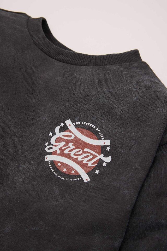 Erkek Bebek Bisiklet Yaka Baskılı Yıkamalı Soluk Efektli Sweatshirt