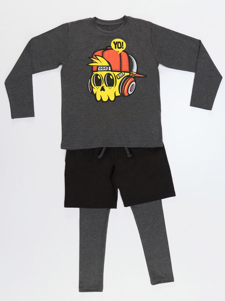 Yo Erkek Çocuk T-shirt Şort Tayt Takım 10 Y - Siyah, Gri