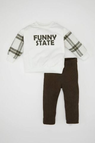 Erkek Bebek 2'li Takım Baskılı Bisiklet Yaka Sweatshirt Üst Beli Lastikli Pantolon Alt