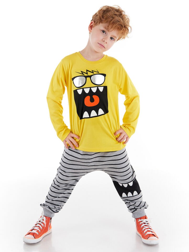 Neşeli Erkek Çocuk T-shirt Pantolon Takım 2 Y - Sarı, Gri