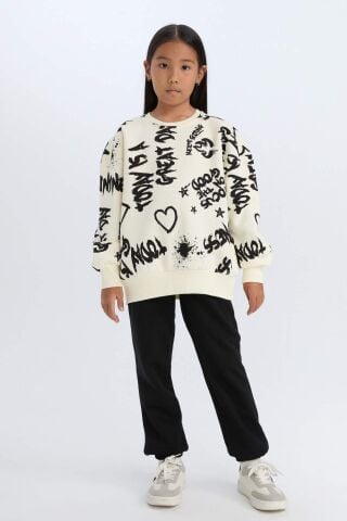 Kız Çocuk 2'li Takım Desenli Kalın Bisiklet Yaka Sweatshirt Beli Lastikli Eşofman Altı