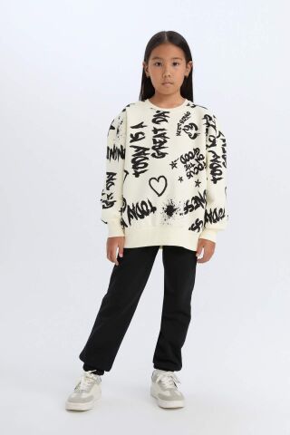 Kız Çocuk 2'li Takım Desenli Kalın Bisiklet Yaka Sweatshirt Beli Lastikli Eşofman Altı