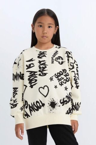 Kız Çocuk 2'li Takım Desenli Kalın Bisiklet Yaka Sweatshirt Beli Lastikli Eşofman Altı