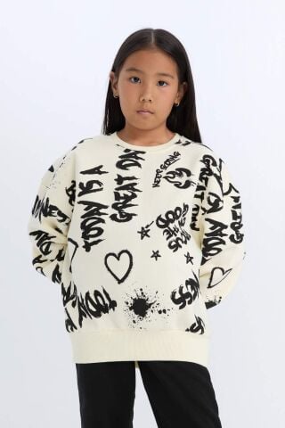 Kız Çocuk 2'li Takım Desenli Kalın Bisiklet Yaka Sweatshirt Beli Lastikli Eşofman Altı