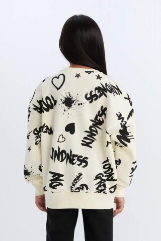 Kız Çocuk 2'li Takım Desenli Kalın Bisiklet Yaka Sweatshirt Beli Lastikli Eşofman Altı