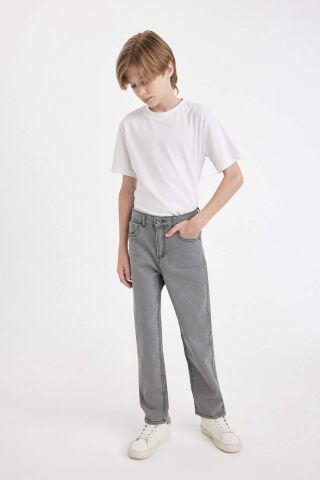 Erkek Çocuk Straight Fit Düz Paça Cepli Gri Basic Düz Jean Pantolon