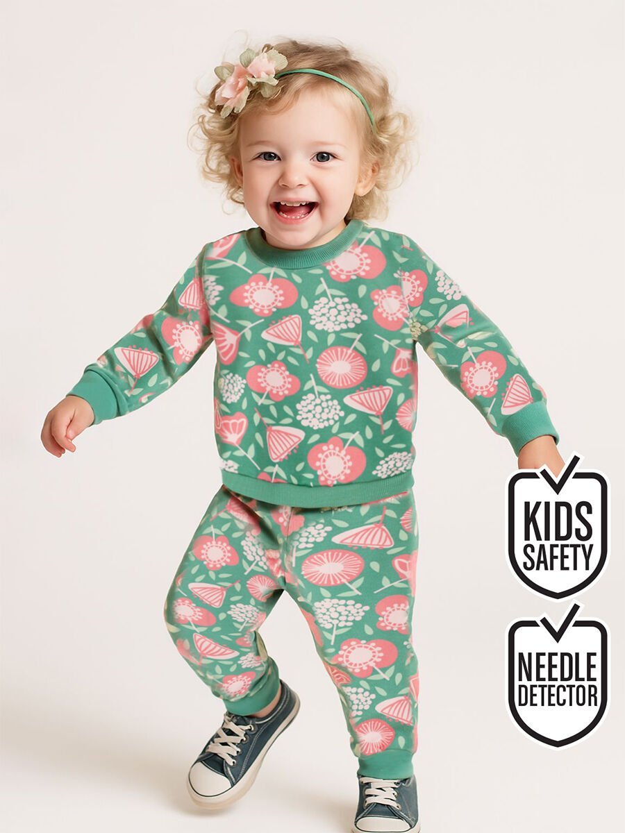 Pembe Çiçekli Kız Bebek Yeşil Eşofman Takım