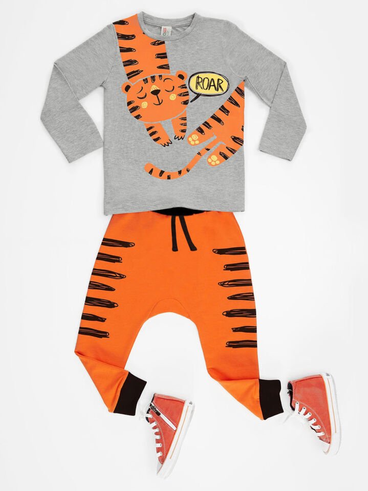 Minik Tiger Erkek Çocuk T-shirt Pantolon Takım 4 Y - Turuncu, Gri