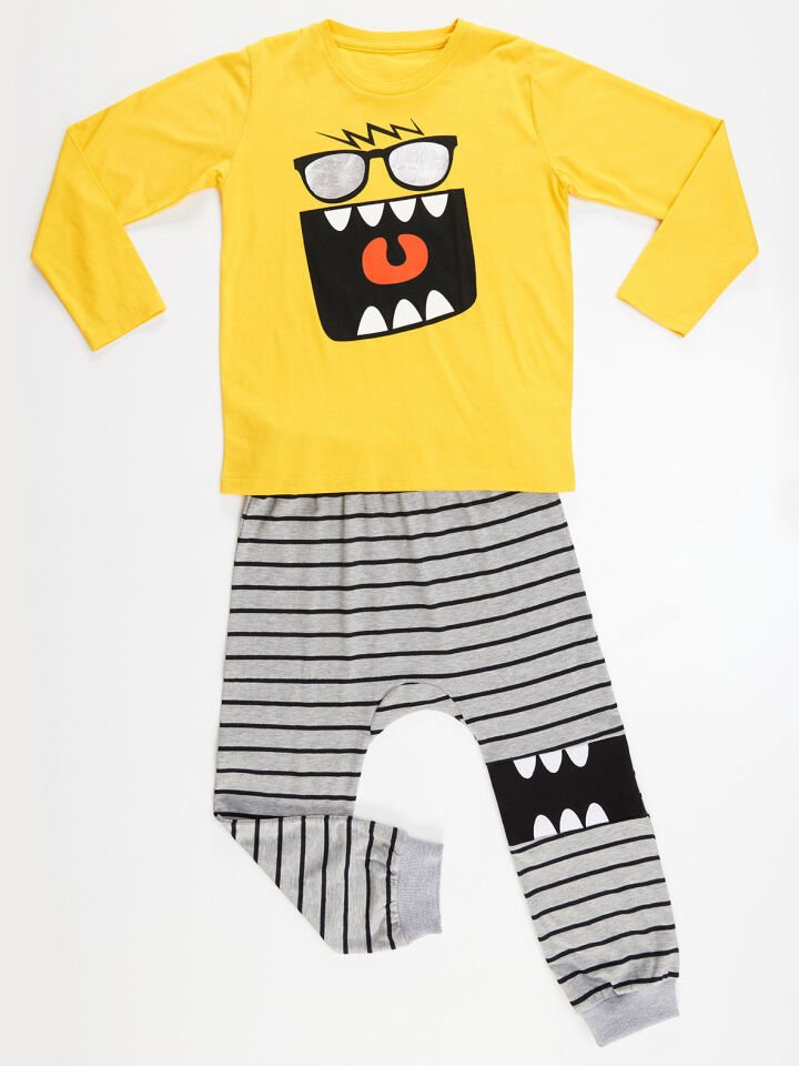 Neşeli Erkek Çocuk T-shirt Pantolon Takım 4 Y - Sarı, Gri