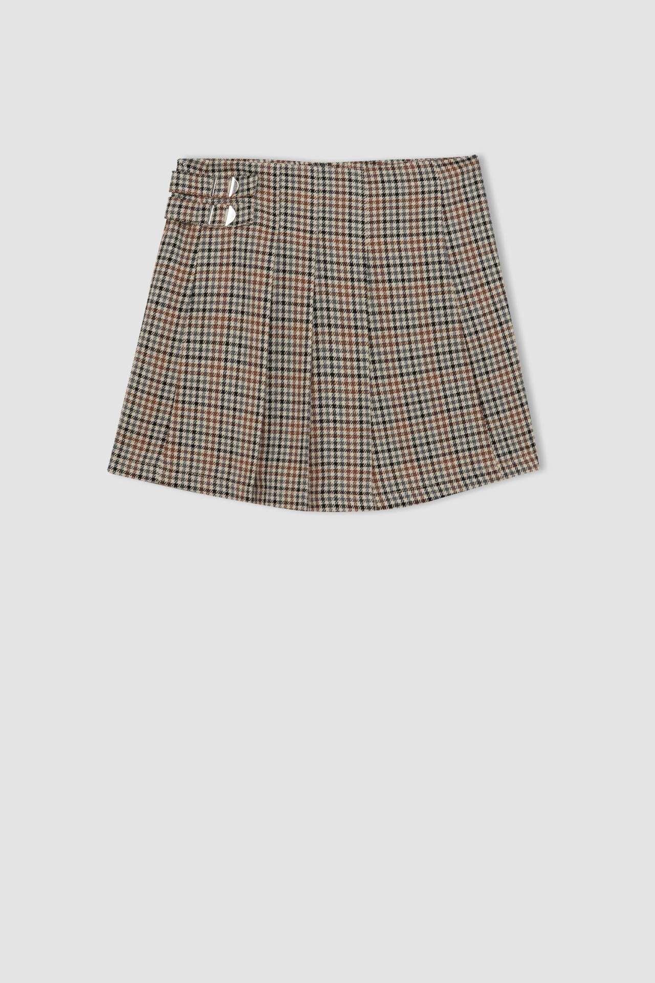 Kız Çocuk  Beli Lastikli Ekose Pileli Twill Şort Etek
