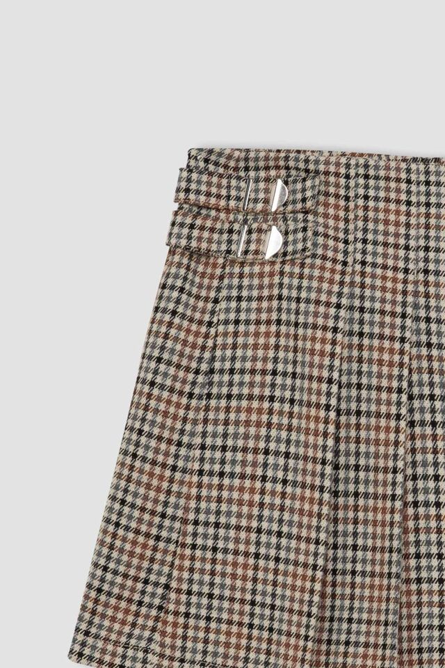 Kız Çocuk  Beli Lastikli Ekose Pileli Twill Şort Etek