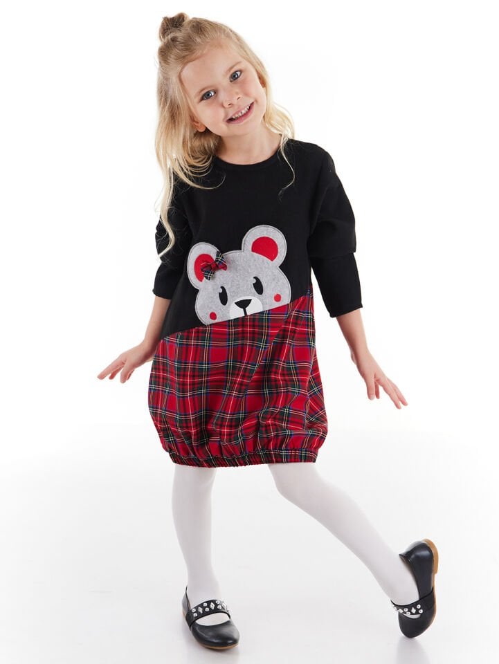 Ayıcık Kız Çocuk Ekose Balon Elbise