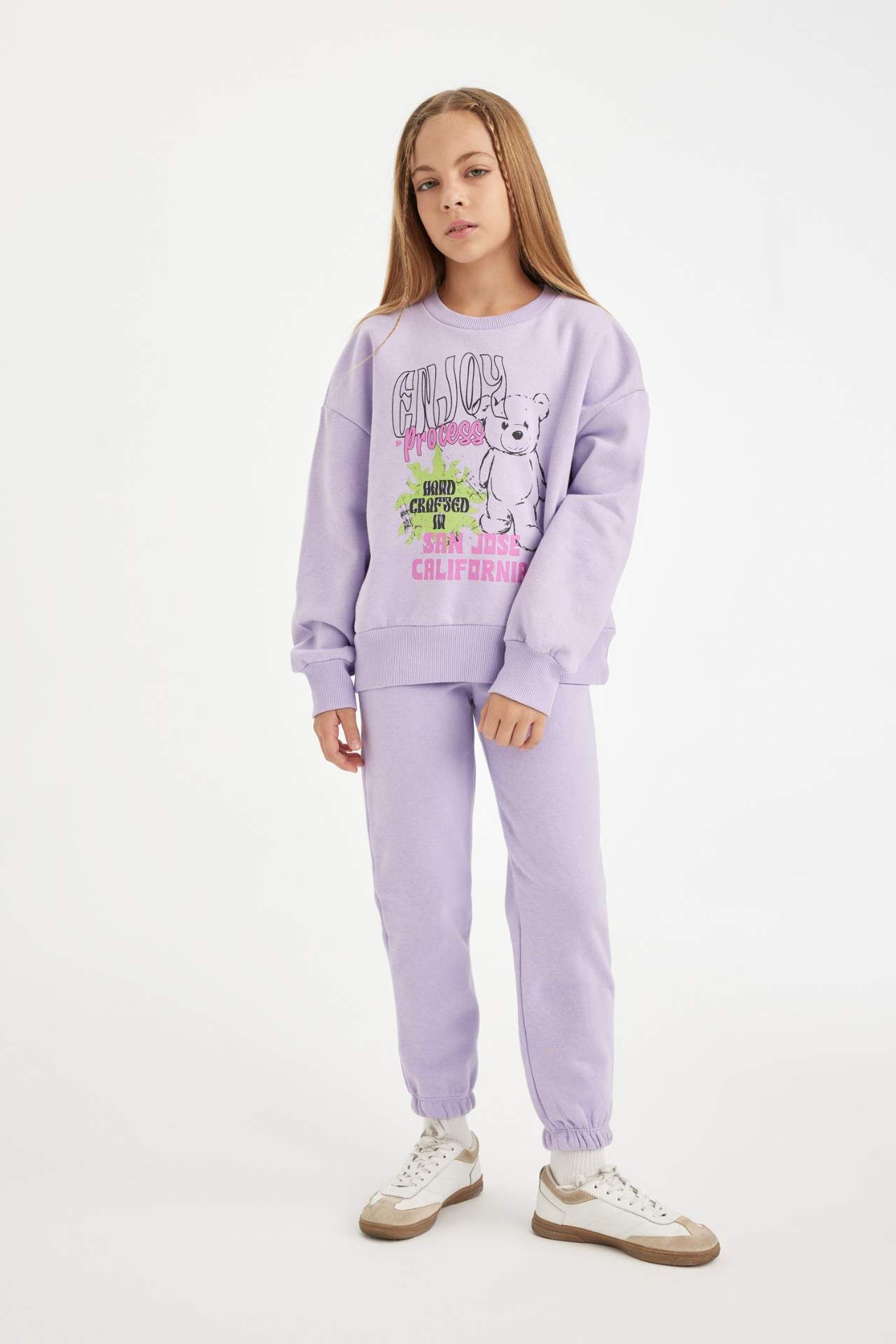 Kız Çocuk 2'li Takım Baskılı Bisiklet Yaka Kalın Sweatshirt Beli Lastikli Jogger Eşofman Altı
