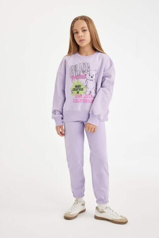 Kız Çocuk 2'li Takım Baskılı Bisiklet Yaka Kalın Sweatshirt Beli Lastikli Jogger Eşofman Altı