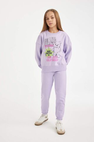Kız Çocuk 2'li Takım Baskılı Bisiklet Yaka Kalın Sweatshirt Beli Lastikli Jogger Eşofman Altı