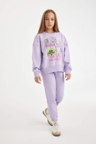 Kız Çocuk 2'li Takım Baskılı Bisiklet Yaka Kalın Sweatshirt Beli Lastikli Jogger Eşofman Altı