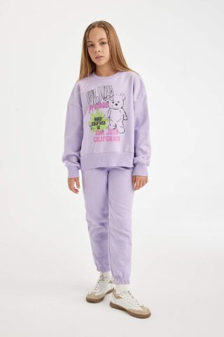 Kız Çocuk 2'li Takım Baskılı Bisiklet Yaka Kalın Sweatshirt Beli Lastikli Jogger Eşofman Altı