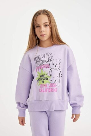 Kız Çocuk 2'li Takım Baskılı Bisiklet Yaka Kalın Sweatshirt Beli Lastikli Jogger Eşofman Altı