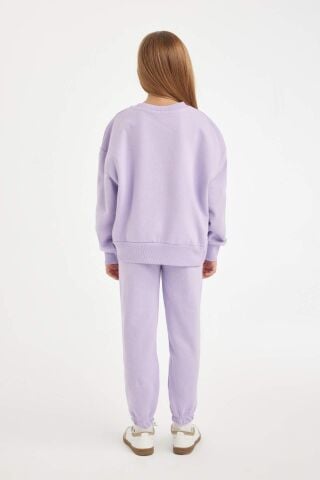 Kız Çocuk 2'li Takım Baskılı Bisiklet Yaka Kalın Sweatshirt Beli Lastikli Jogger Eşofman Altı