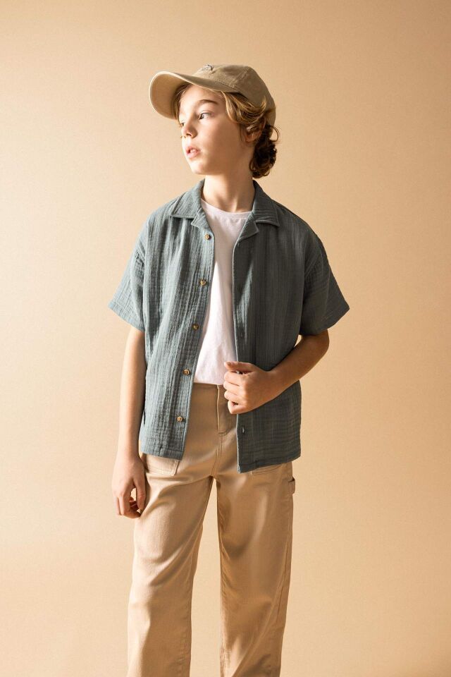 Erkek Çocuk Oversize Geniş Kalıp Polo Yaka Waffle Kısa Kollu Gömlek
