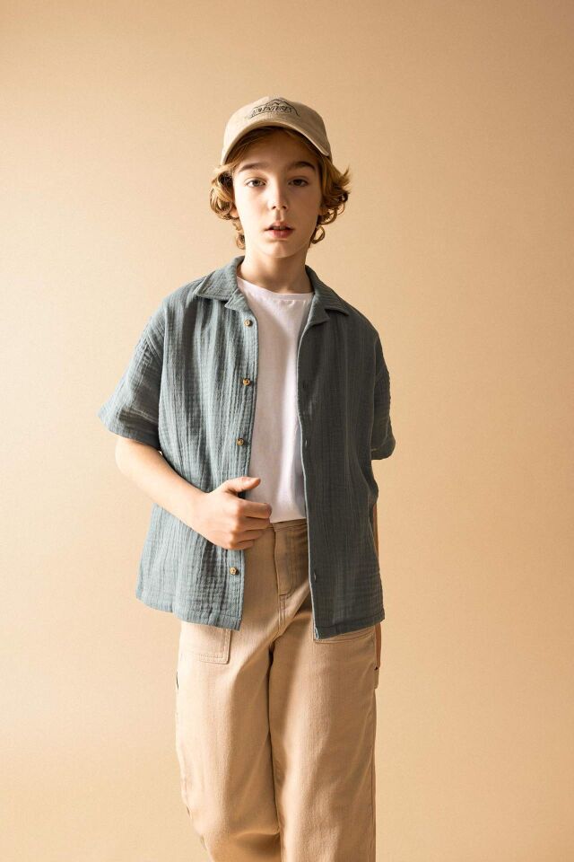 Erkek Çocuk Oversize Geniş Kalıp Polo Yaka Waffle Kısa Kollu Gömlek