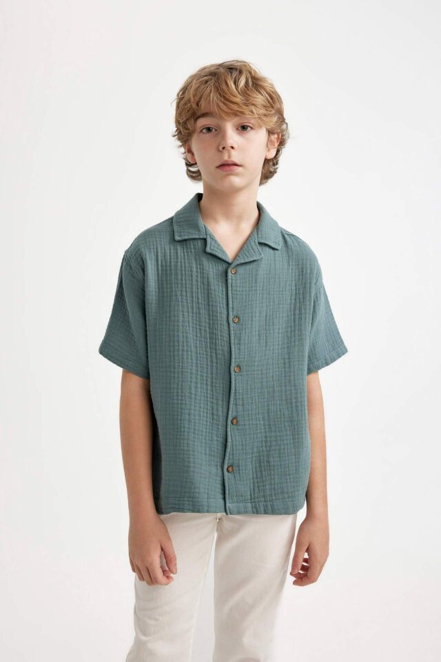 Erkek Çocuk Oversize Geniş Kalıp Polo Yaka Waffle Kısa Kollu Gömlek