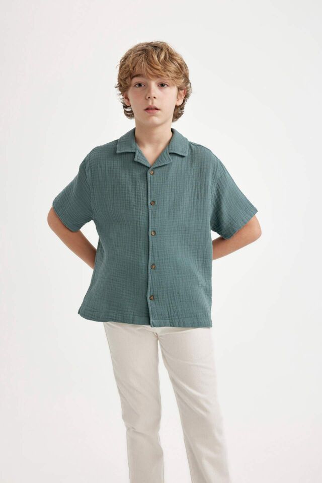 Erkek Çocuk Oversize Geniş Kalıp Polo Yaka Waffle Kısa Kollu Gömlek