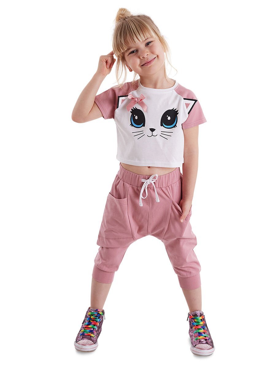 Kedi Maviş Kız Çocuk T-shirt Kapri Şort Takım