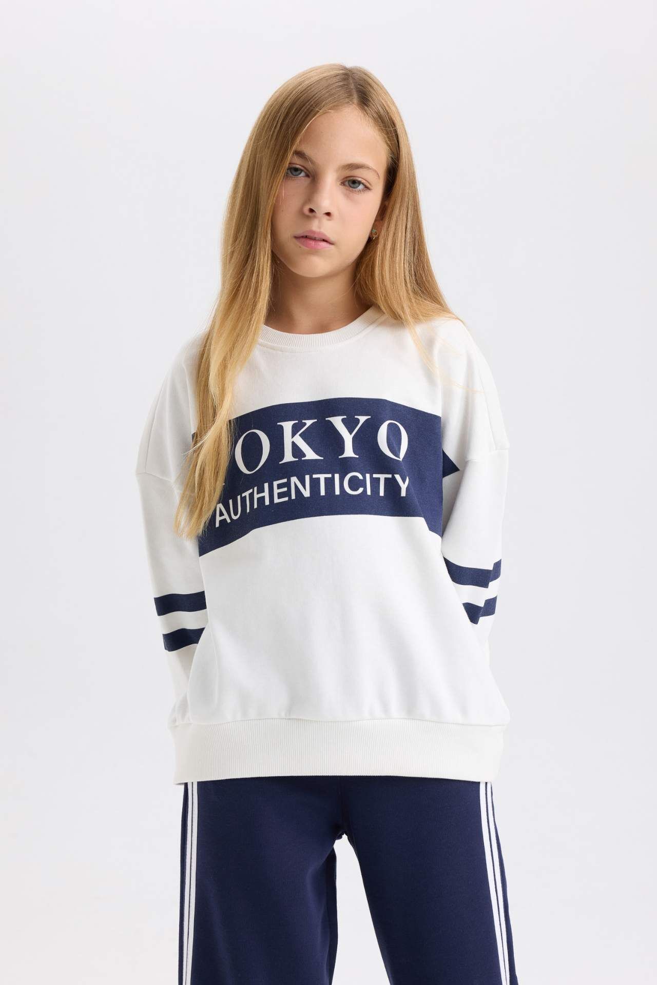 Kız Çocuk Oversize Geniş Kalıp Bisiklet Yaka Baskılı Sweatshirt