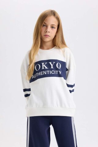 Kız Çocuk Oversize Geniş Kalıp Bisiklet Yaka Baskılı Sweatshirt