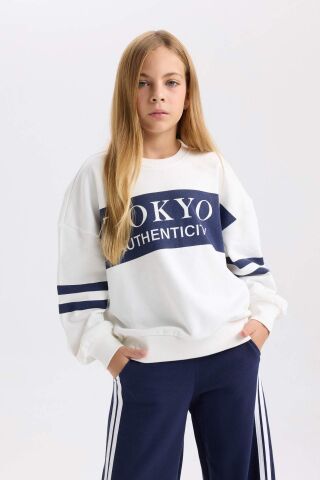 Kız Çocuk Oversize Geniş Kalıp Bisiklet Yaka Baskılı Sweatshirt