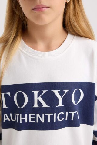 Kız Çocuk Oversize Geniş Kalıp Bisiklet Yaka Baskılı Sweatshirt